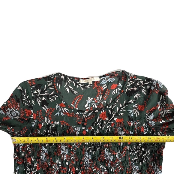 Maje Paris Lo Fleur Crepe Georgette Top Green Floral Sheer Smocked Blouse - Picture 7 of 10